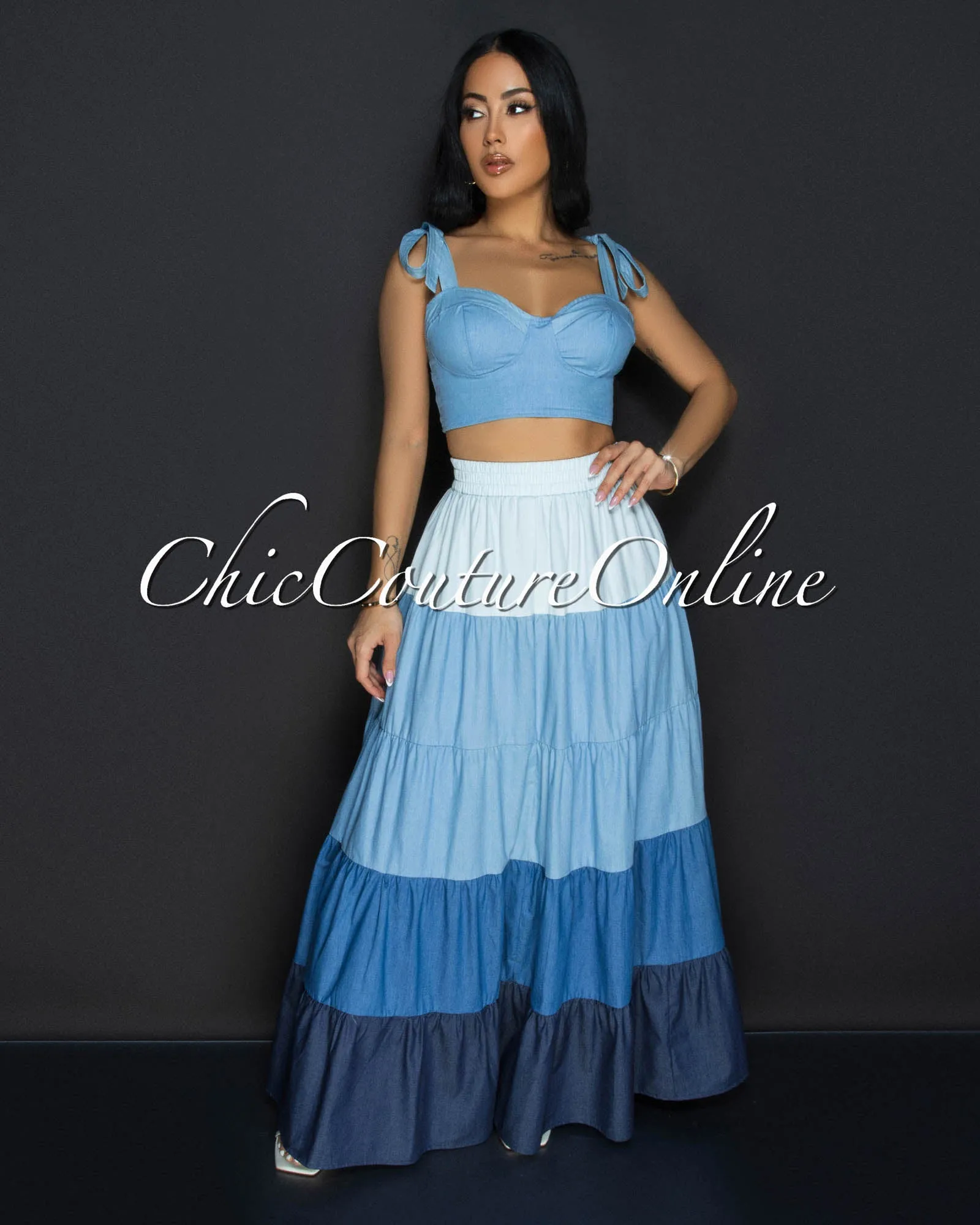 Aveline Denim Bustier & Maxi Ruffle Skirt Set sold by Chic Couture product image thumbnail 2