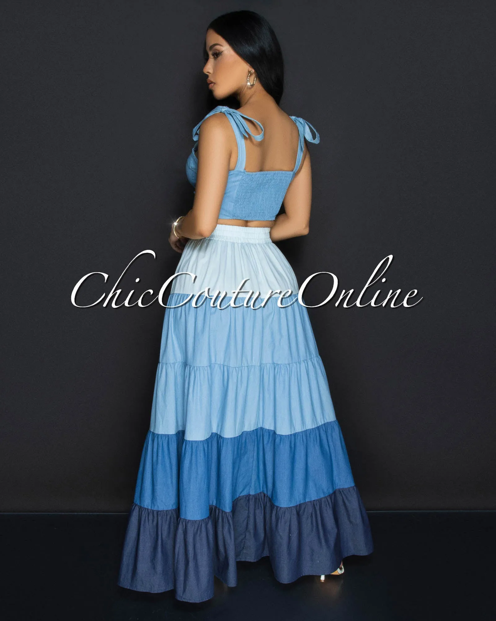 Aveline Denim Bustier & Maxi Ruffle Skirt Set sold by Chic Couture product image thumbnail 4