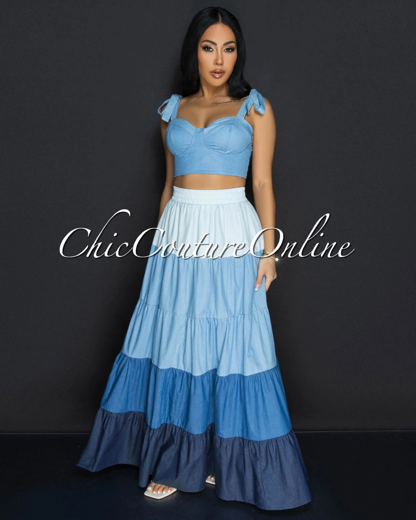 Aveline Denim Bustier & Maxi Ruffle Skirt Set sold by Chic Couture