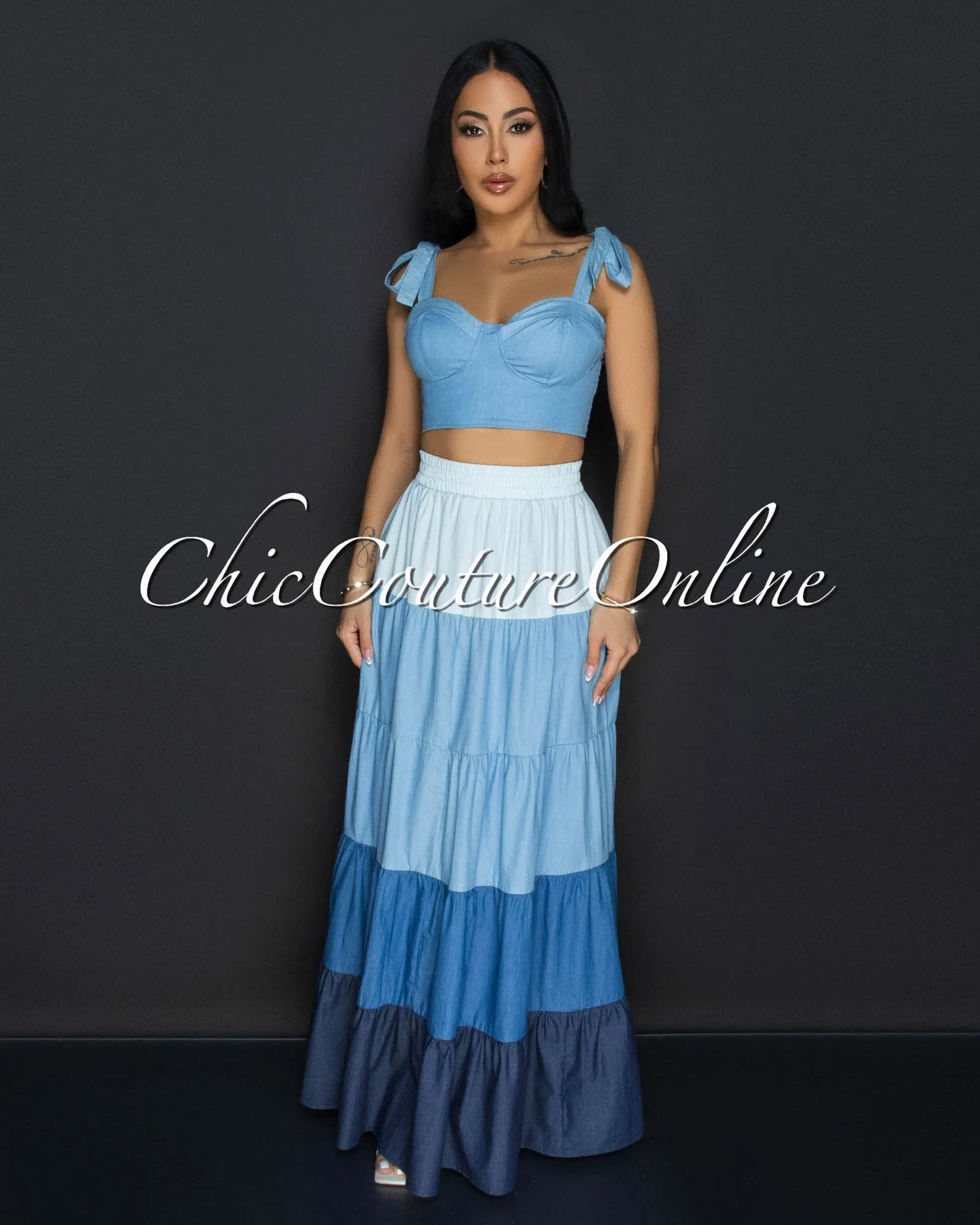 Aveline Denim Bustier & Maxi Ruffle Skirt Set sold by Chic Couture product image thumbnail 3