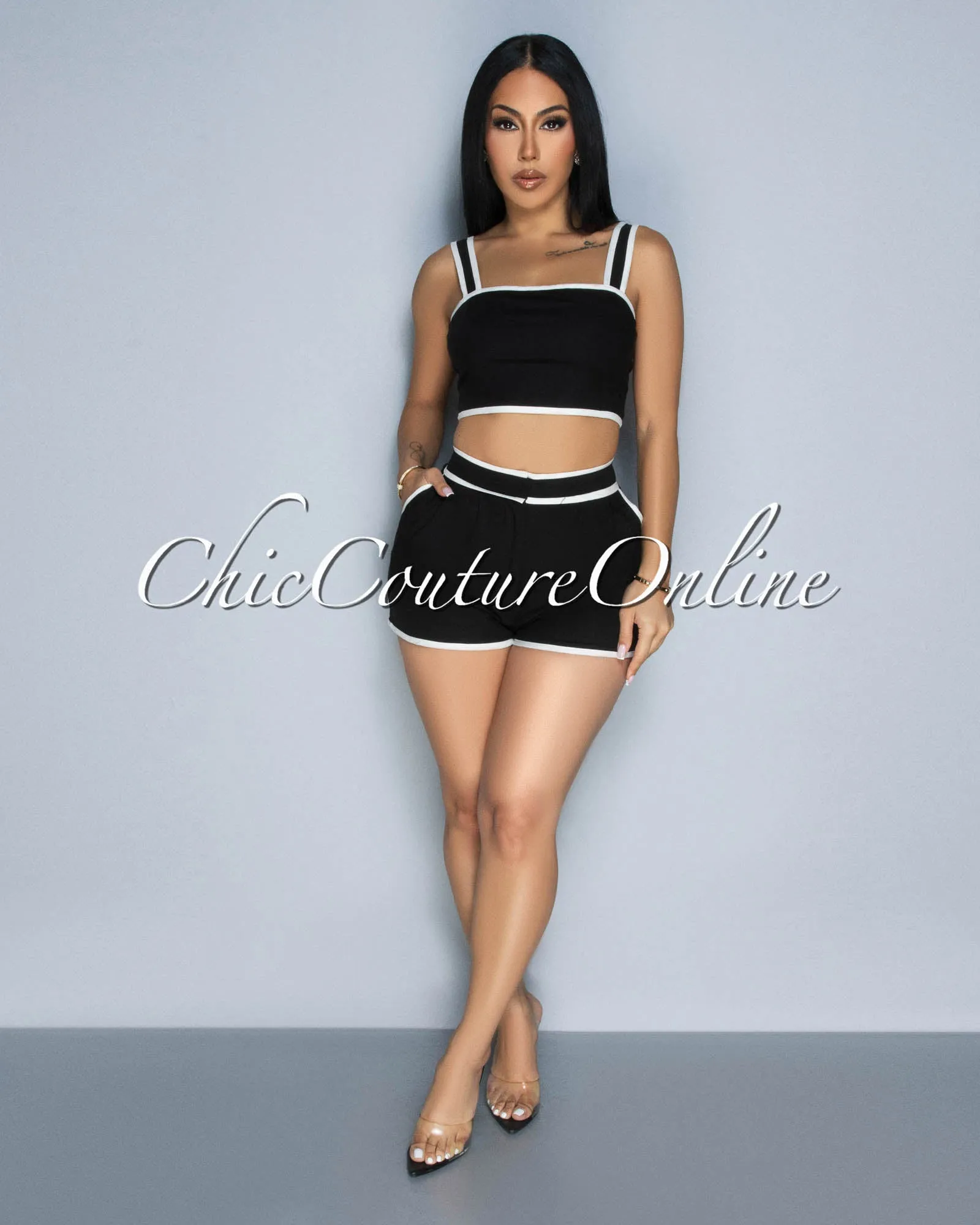 *Lexley Black White Crop Top & Shorts Set sold by Chic Couture product image thumbnail 2