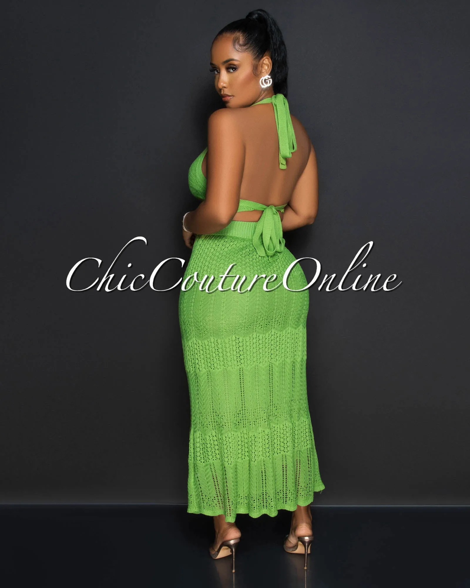 *Burke Green Crop Top & Crochet Cover-Up Maxi Skirt Set sold by Chic Couture product image thumbnail 3