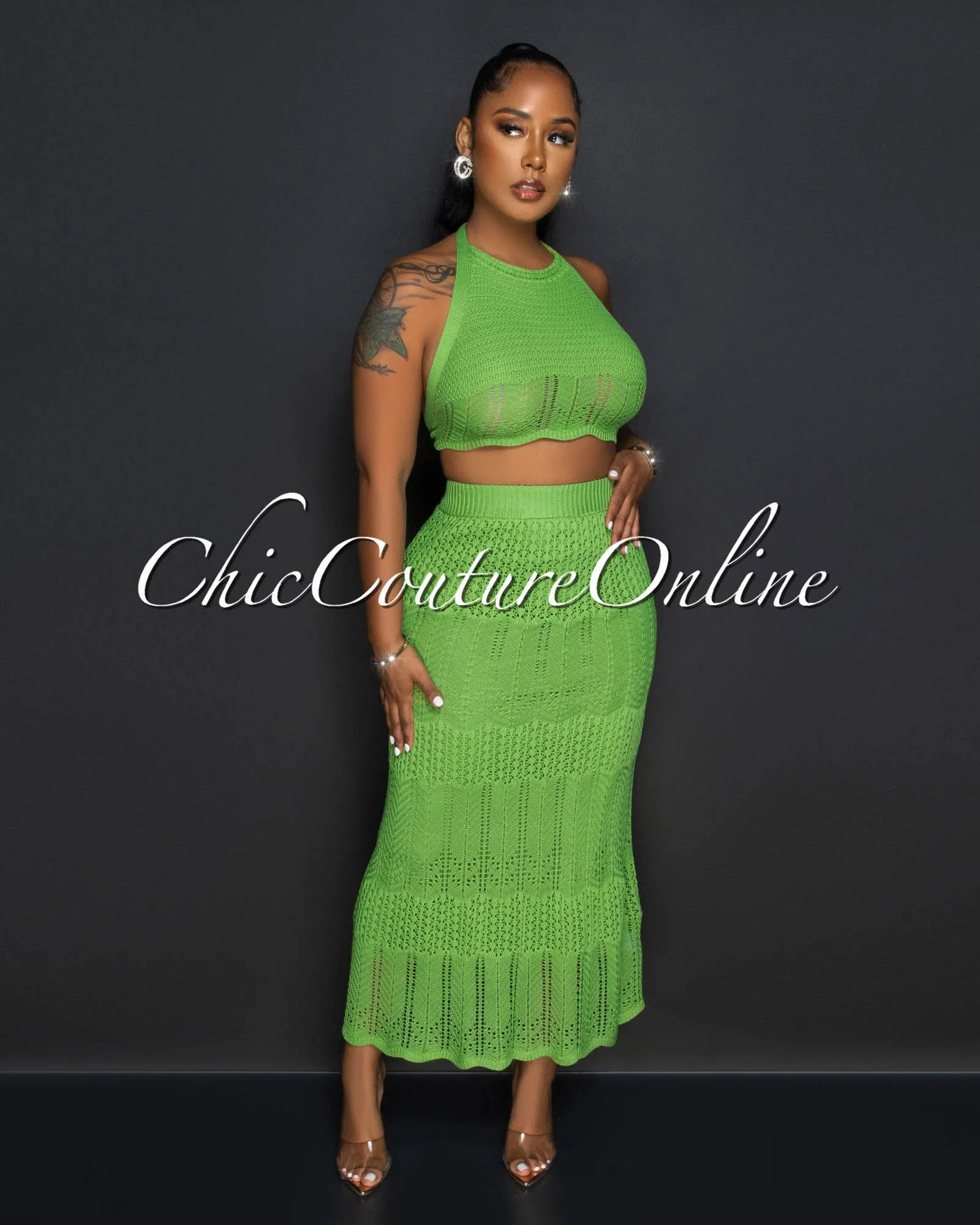 *Burke Green Crop Top & Crochet Cover-Up Maxi Skirt Set sold by Chic Couture product image thumbnail 2