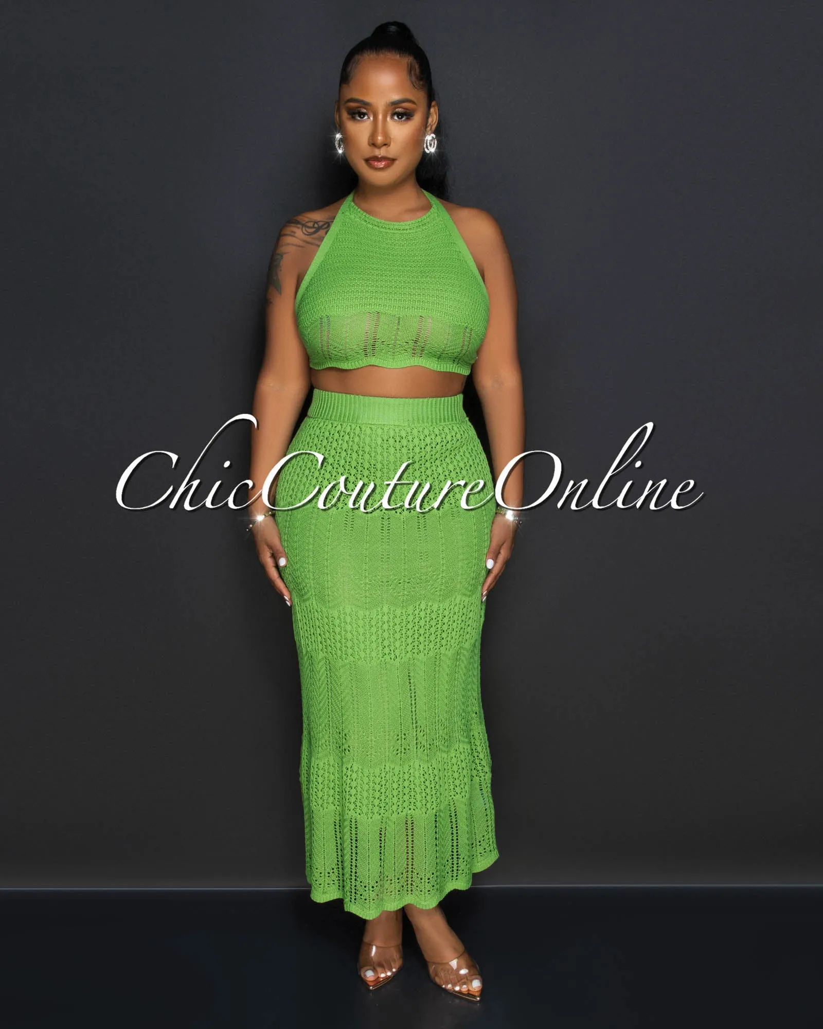 *Burke Green Crop Top & Crochet Cover-Up Maxi Skirt Set sold by Chic Couture