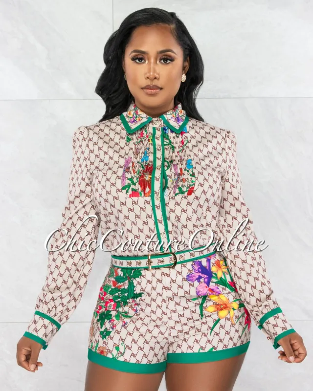 Earia Nude Print Shirt & Mini Shorts Belted Set sold by chic