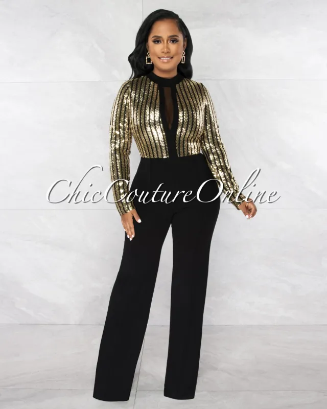 *Brentley Black Gold Sequins Stripes Top Mesh Accent Jumpsuit sold by Chic Couture
