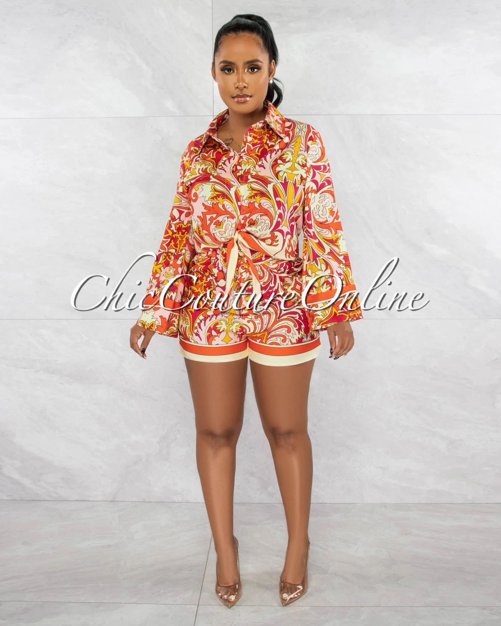 *Corina Cream Orange Print Shirt & Mini Shorts Set sold by Chic Couture product image thumbnail 3