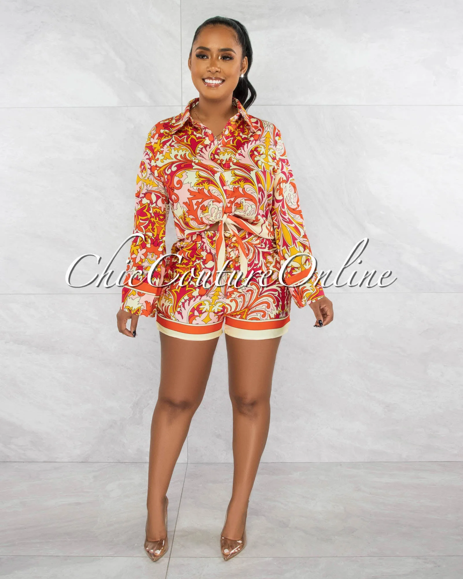 *Corina Cream Orange Print Shirt & Mini Shorts Set sold by Chic Couture product image thumbnail 2