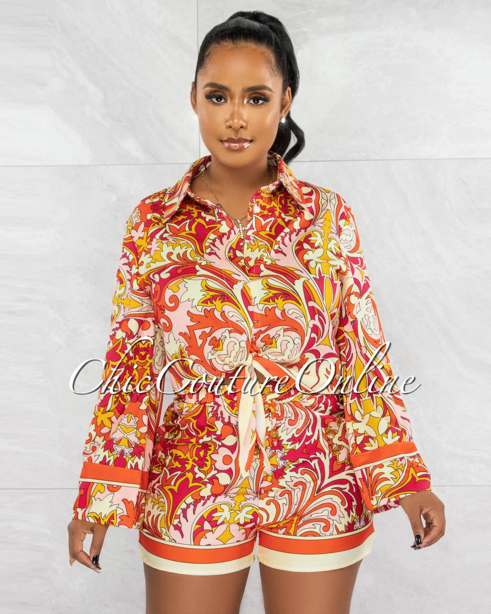 *Corina Cream Orange Print Shirt & Mini Shorts Set sold by Chic Couture