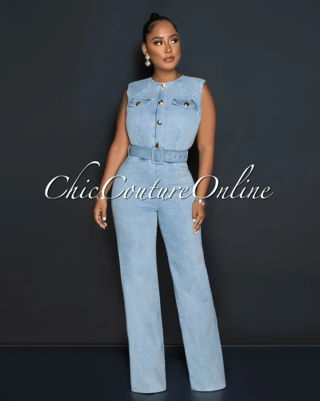 *Barlow Light Denim Gold Buttons Belted Jumpsuit sold by Chic Couture