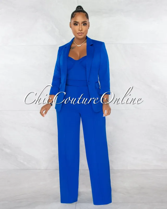 Scarlet Royal Blue Blazer Padded Cups Bodysuit & Pants 3 Piece Set sold by chic
