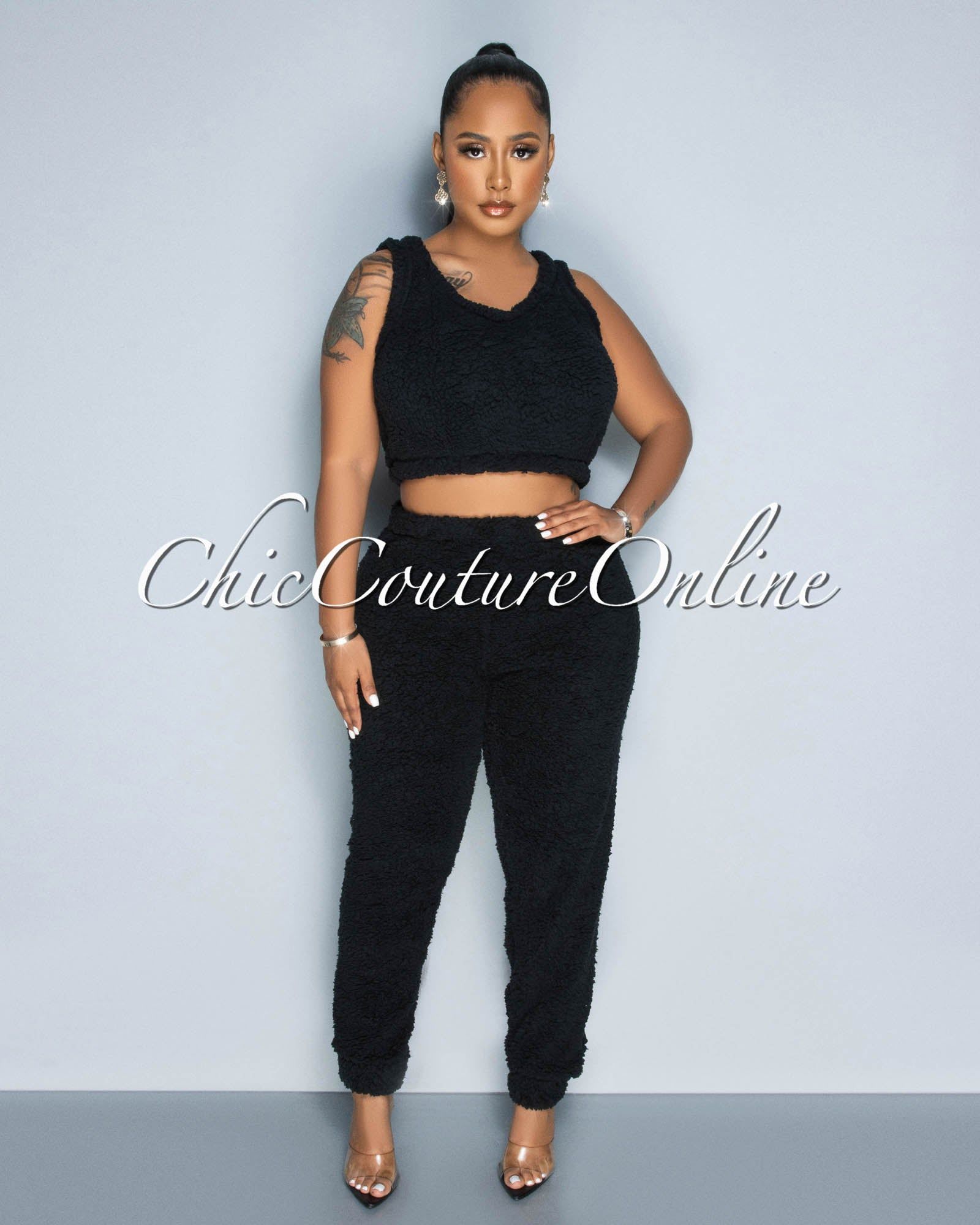 Evenson Black Faux Fur Crop Top - Pants & Duster Set sold by Chic Couture product image thumbnail 2