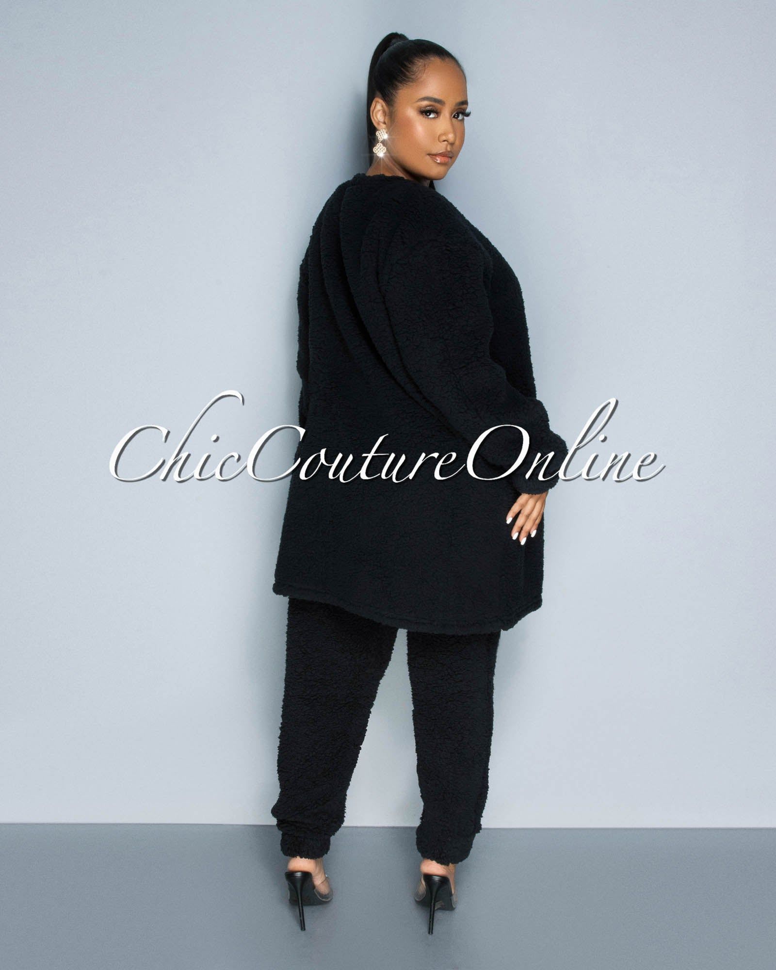 Evenson Black Faux Fur Crop Top - Pants & Duster Set sold by Chic Couture product image thumbnail 5