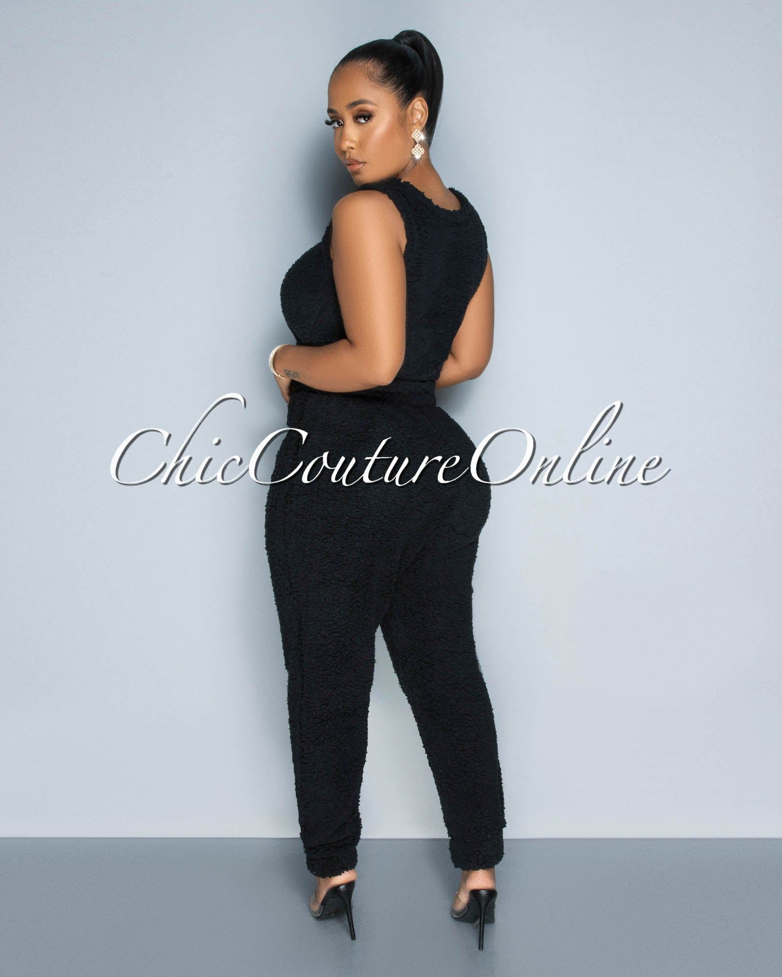 Evenson Black Faux Fur Crop Top - Pants & Duster Set sold by Chic Couture product image thumbnail 3