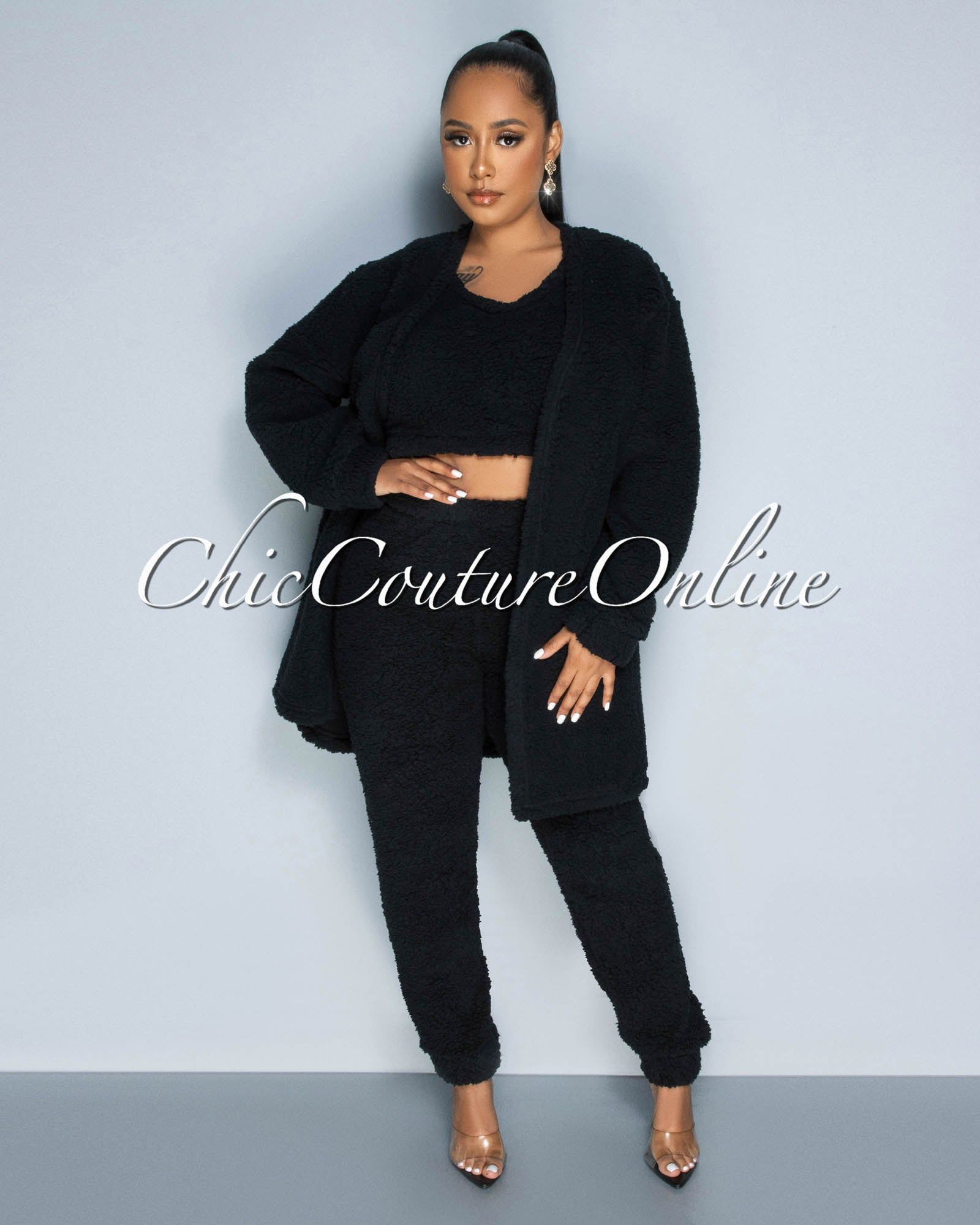 Evenson Black Faux Fur Crop Top - Pants & Duster Set sold by Chic Couture