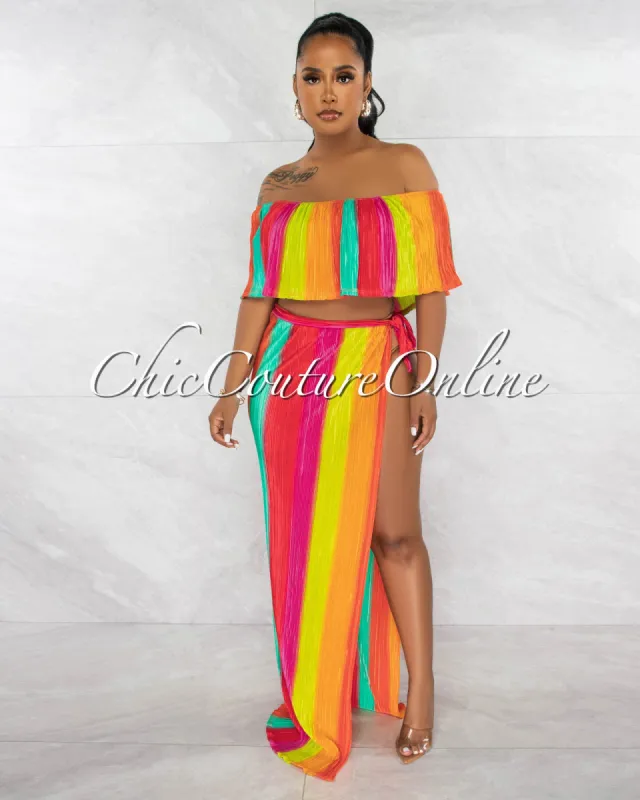 *Kesha Fuchsia Orange Ruffle Top & Maxi Slit Skirt Ribbed Set sold by Chic Couture