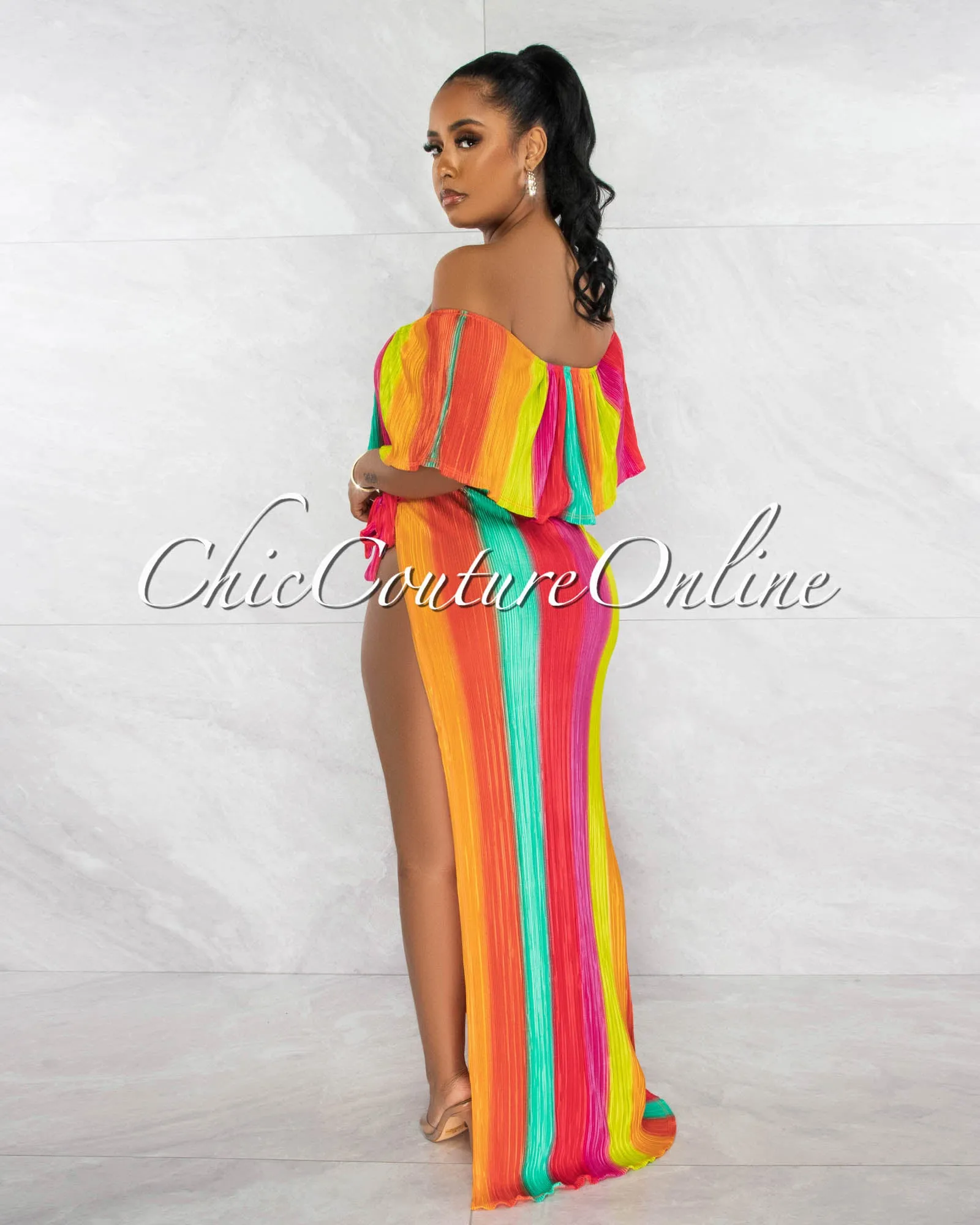 *Kesha Fuchsia Orange Ruffle Top & Maxi Slit Skirt Ribbed Set sold by Chic Couture product image thumbnail 3