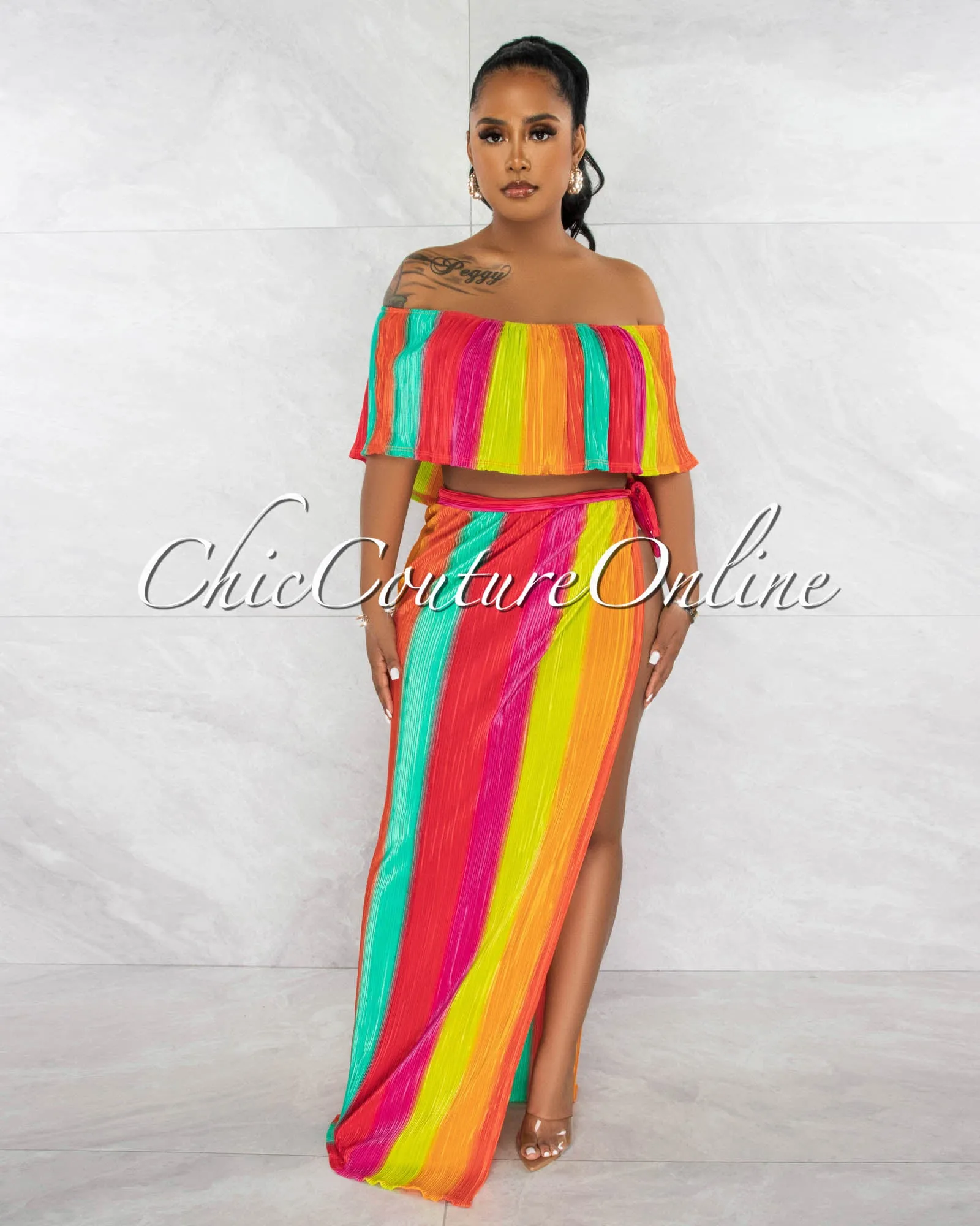 *Kesha Fuchsia Orange Ruffle Top & Maxi Slit Skirt Ribbed Set sold by Chic Couture product image thumbnail 2