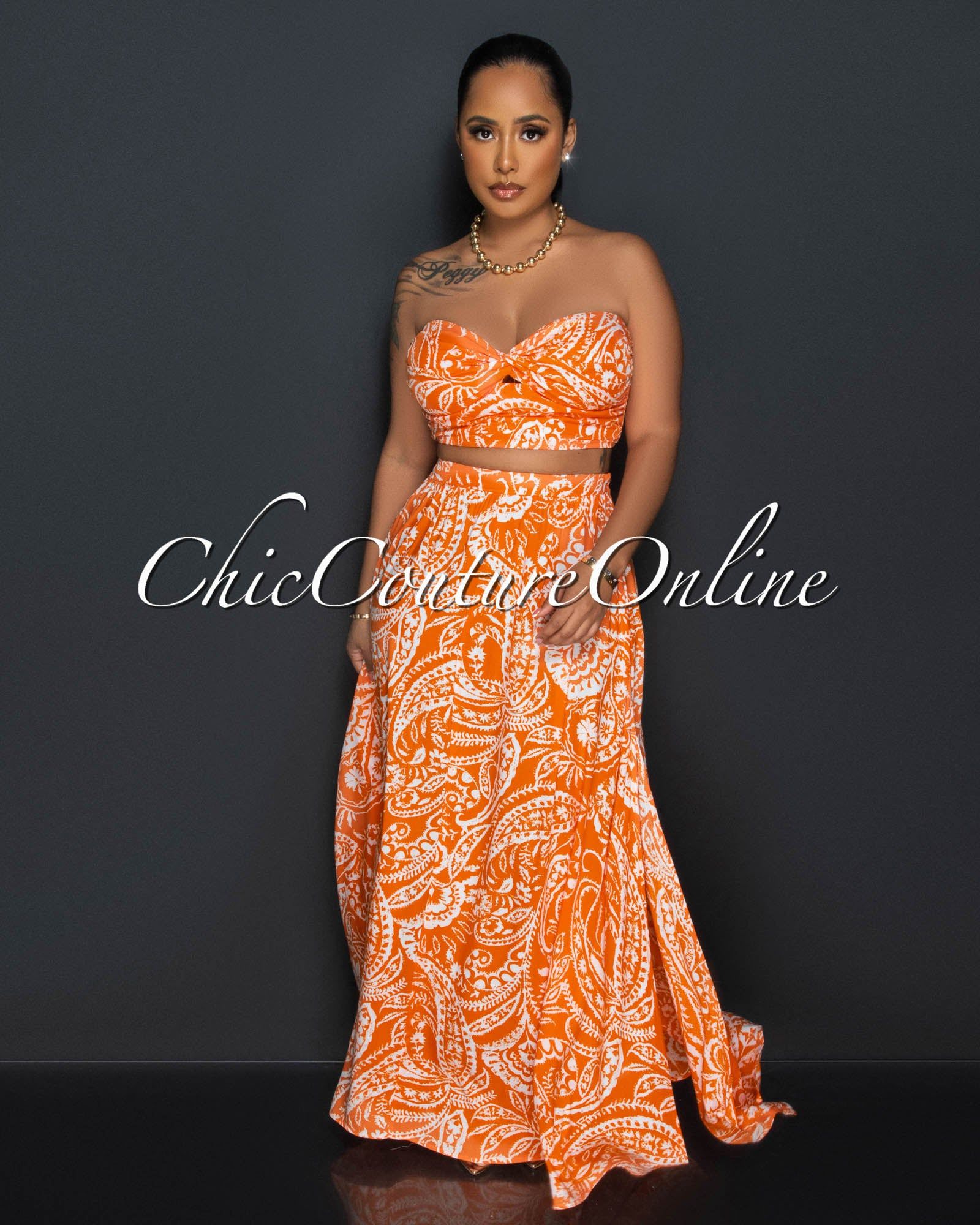 Casta Orange Wite Print Crop Top & Maxi Skirt Set sold by Chic Couture product image thumbnail 2