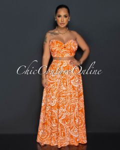 Casta Orange Wite Print Crop Top & Maxi Skirt Set sold by Chic Couture