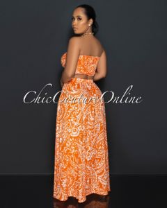 Casta Orange Wite Print Crop Top & Maxi Skirt Set sold by Chic Couture