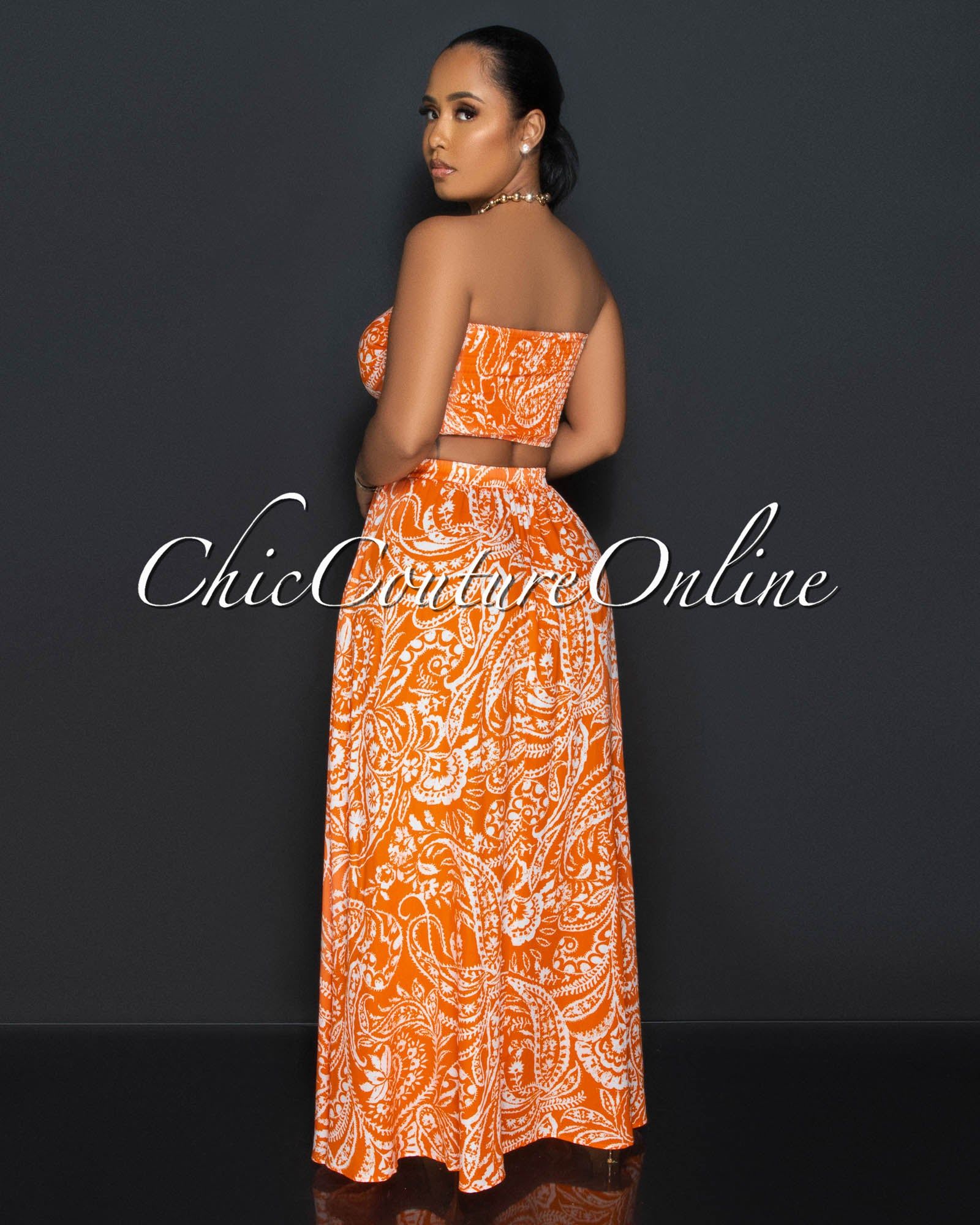 Casta Orange Wite Print Crop Top & Maxi Skirt Set sold by Chic Couture product image thumbnail 4