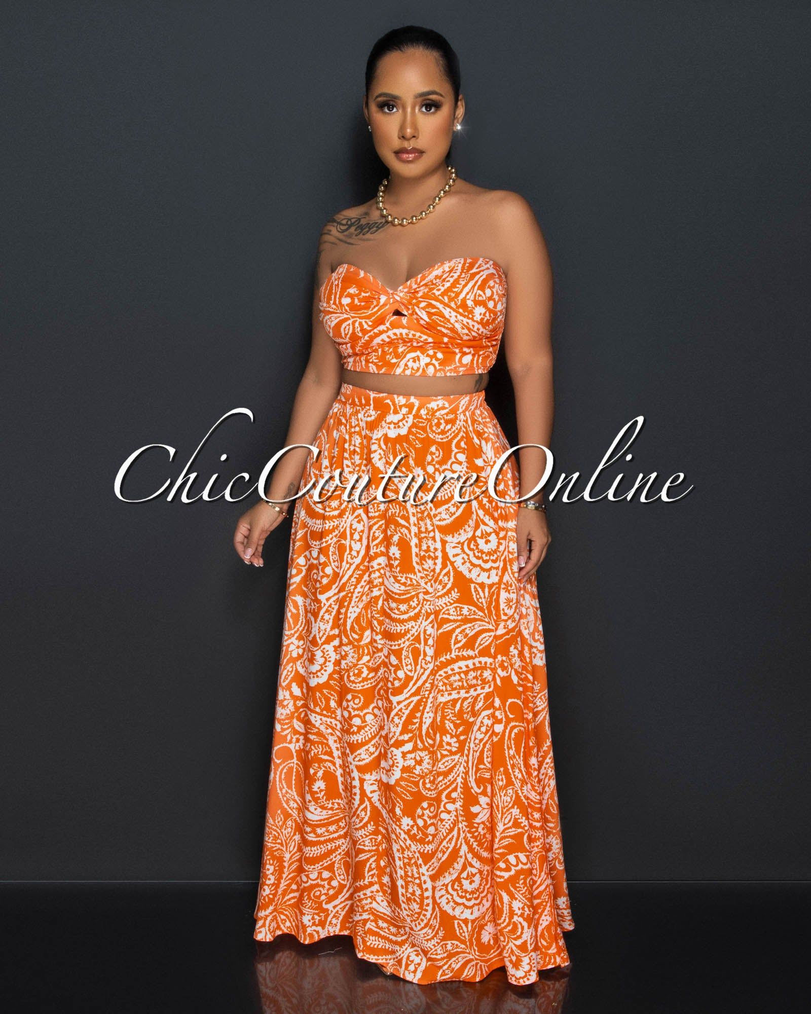 Casta Orange Wite Print Crop Top & Maxi Skirt Set sold by Chic Couture product image thumbnail 3