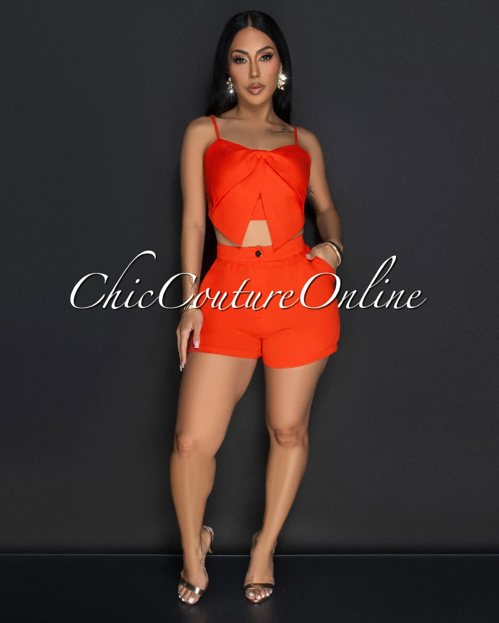Pluma Tomato Flower Spaghetti Strap Crop Top & Shorts Set sold by Chic Couture