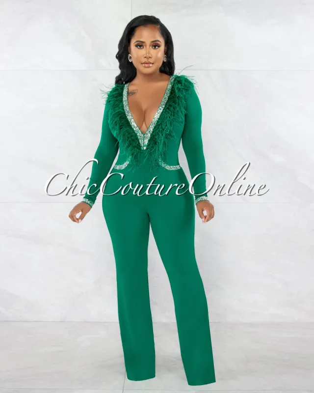 *Hudson Green Rhinestones Feather Neckline Jumpsuit sold by Chic Couture