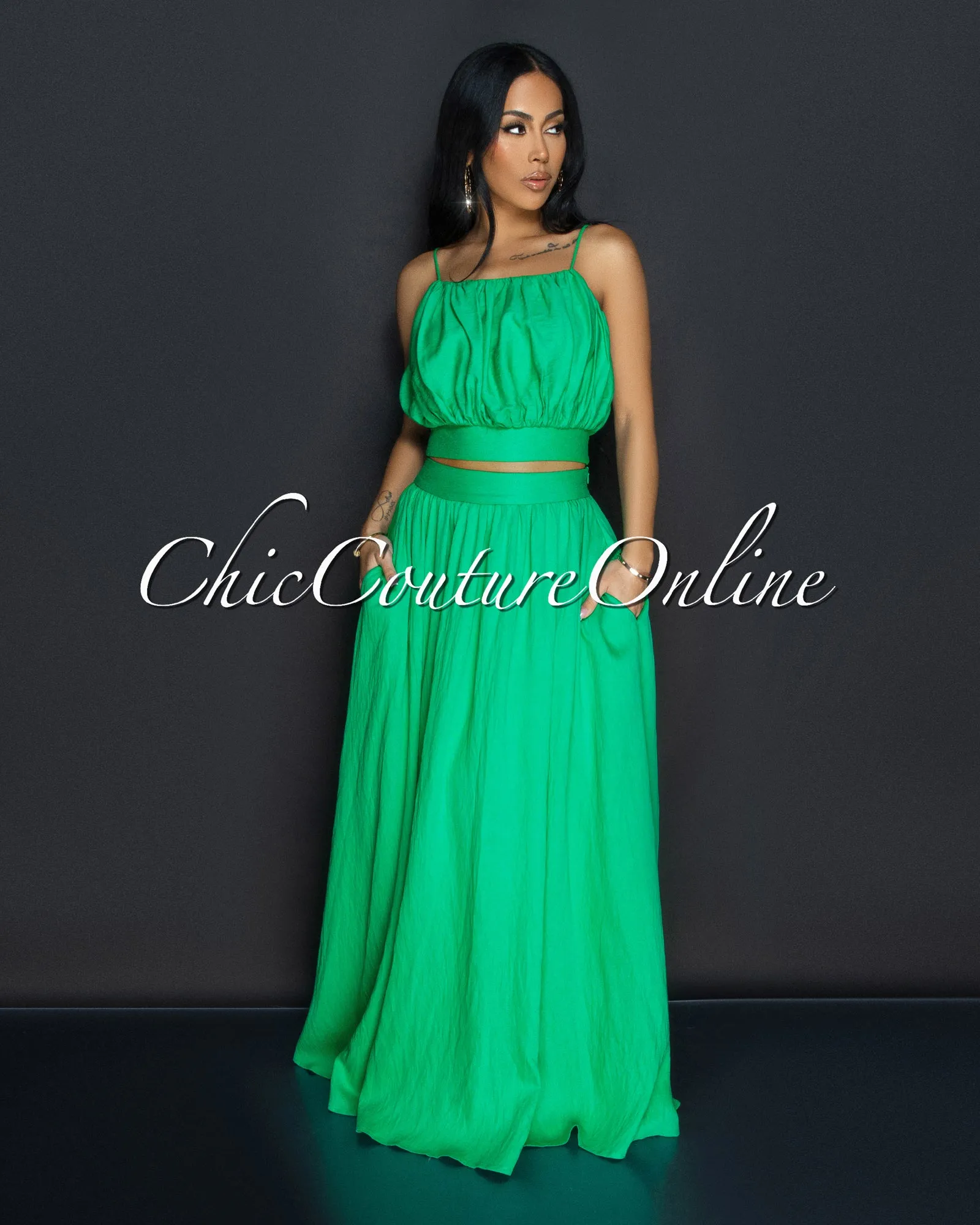 Danaye Green Crop Top & Flared Skirt Two Piece Set sold by Chic Couture product image thumbnail 3
