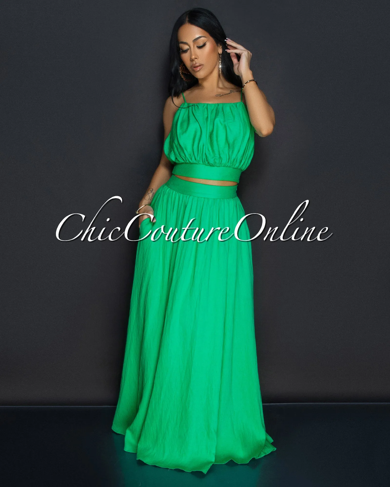 Danaye Green Crop Top & Flared Skirt Two Piece Set sold by Chic Couture