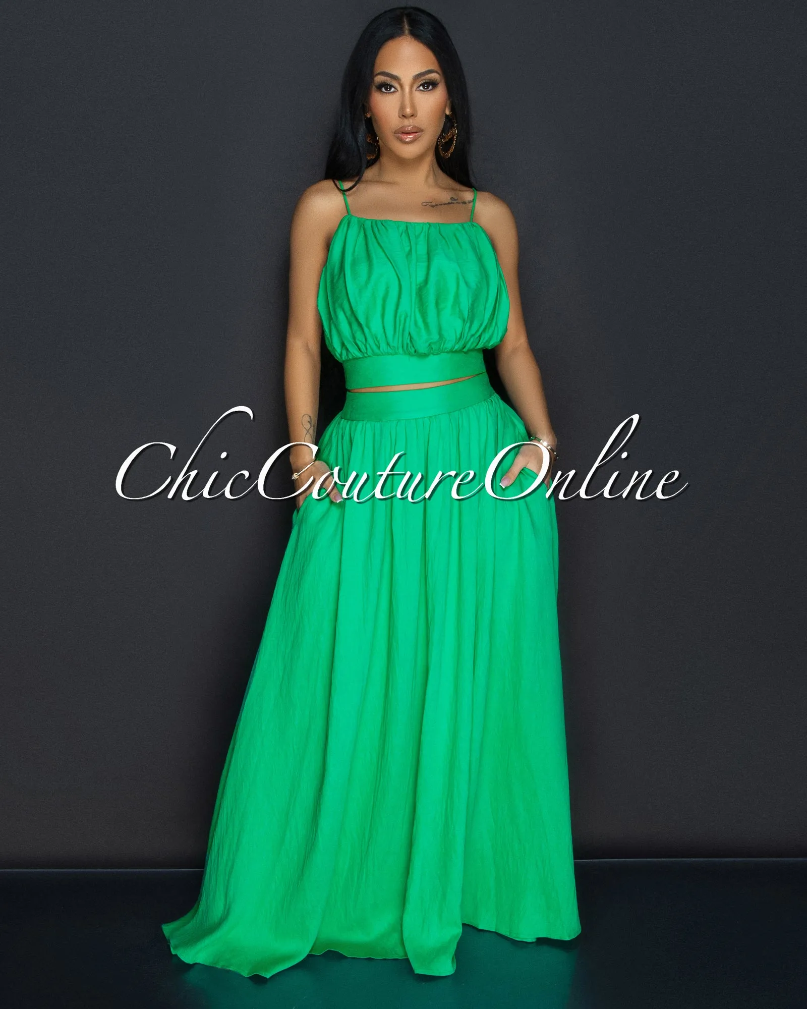 Danaye Green Crop Top & Flared Skirt Two Piece Set sold by Chic Couture product image thumbnail 2