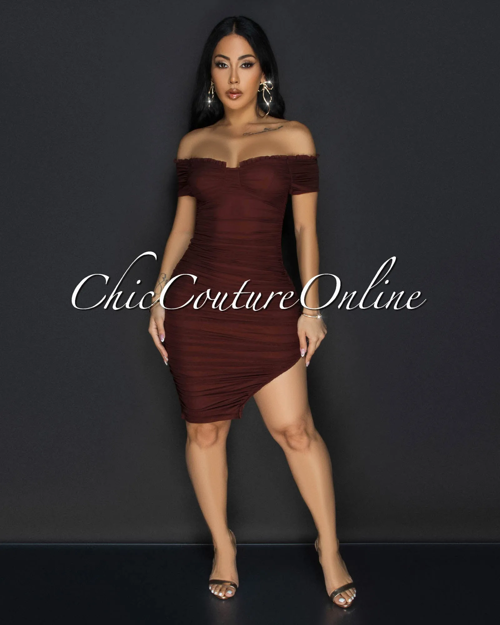 *Linna Brown Ruched Off-The Shoulder Dress sold by Chic Couture product image thumbnail 2