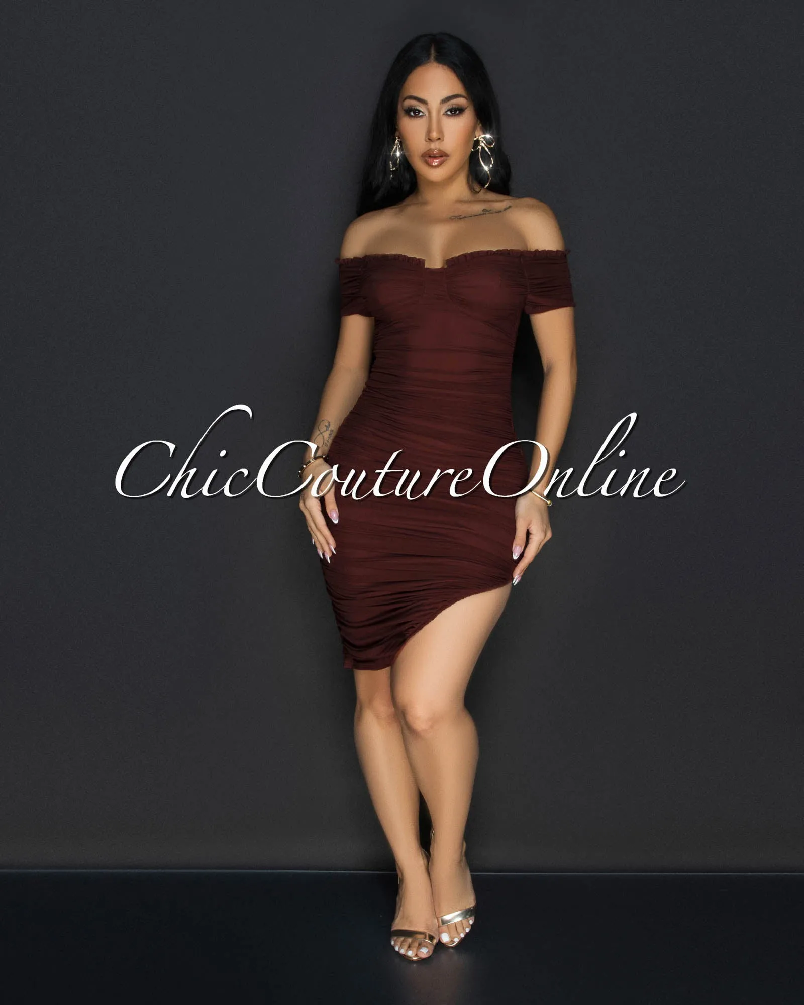 *Linna Brown Ruched Off-The Shoulder Dress sold by Chic Couture