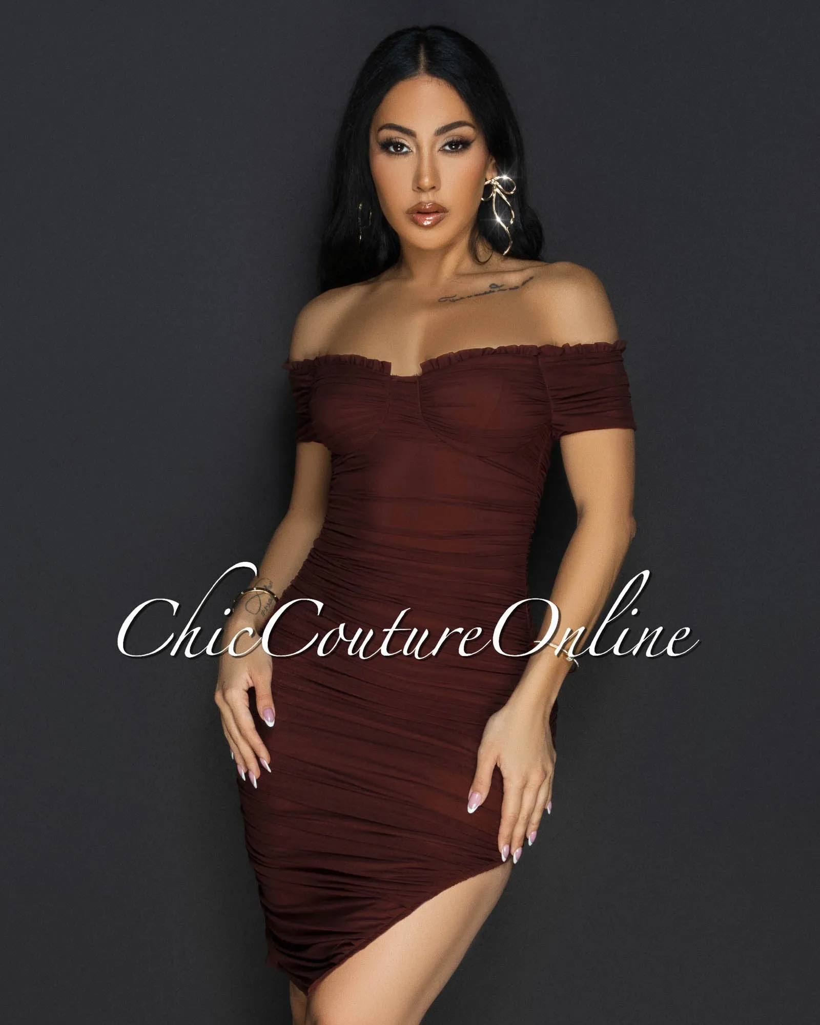 *Linna Brown Ruched Off-The Shoulder Dress sold by Chic Couture product image thumbnail 3