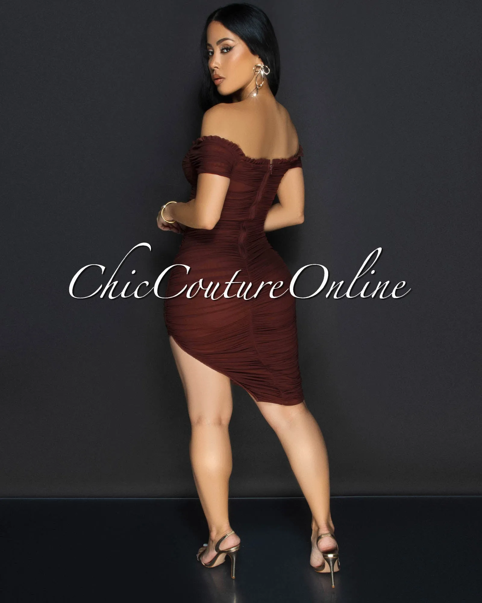 *Linna Brown Ruched Off-The Shoulder Dress sold by Chic Couture product image thumbnail 4