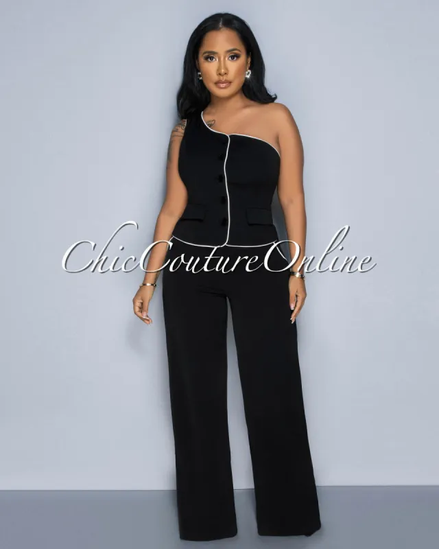 *Marcia Black White Trim Single Shoulder Vest & Pants Set sold by Chic Couture
