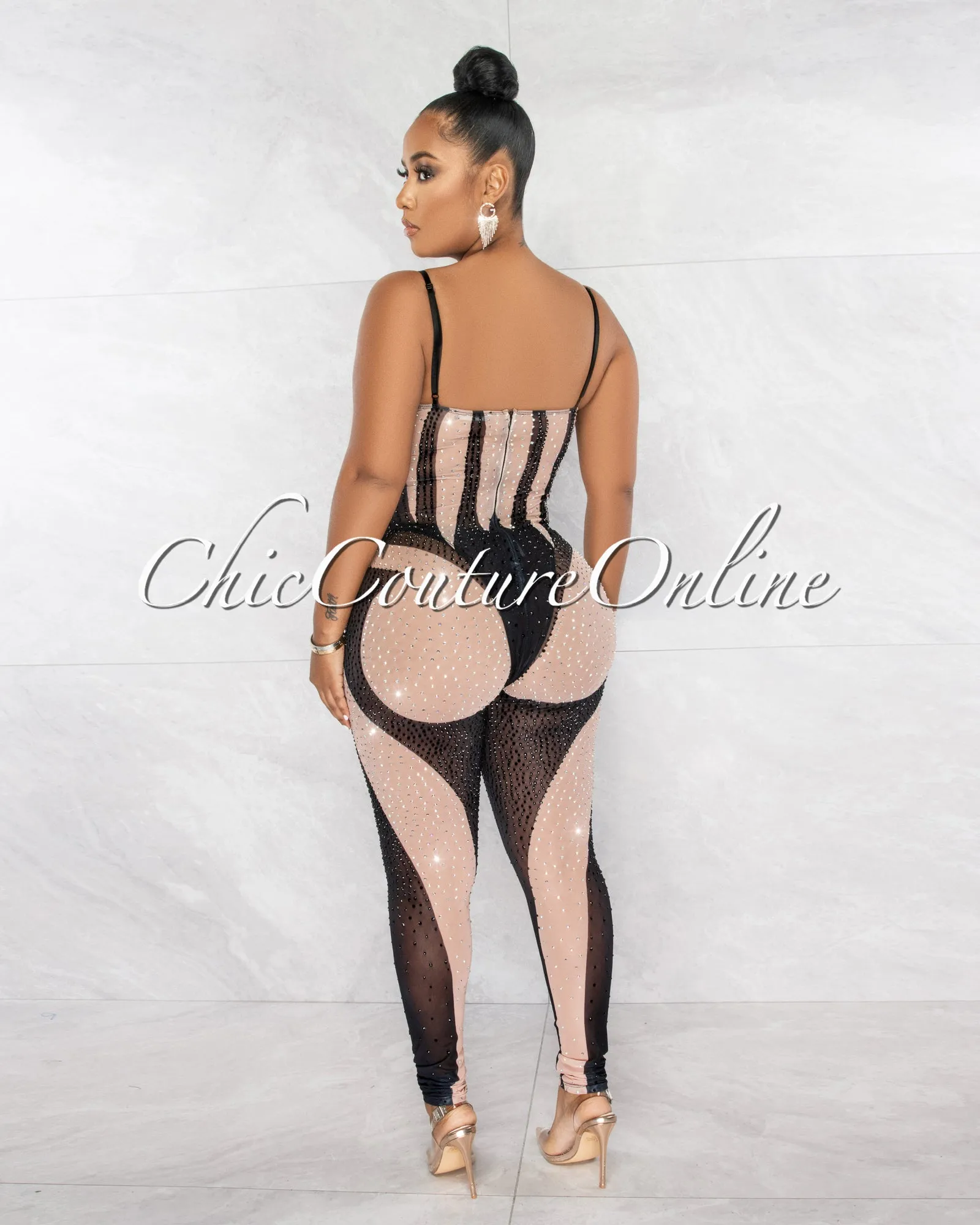 *Bosada Black Nude Rhinestones Sheer Bodysuit & Leggings Set sold by Chic Couture product image thumbnail 3