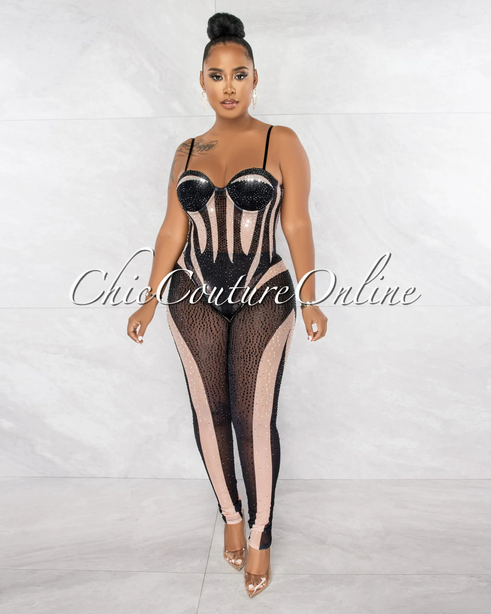 *Bosada Black Nude Rhinestones Sheer Bodysuit & Leggings Set sold by Chic Couture