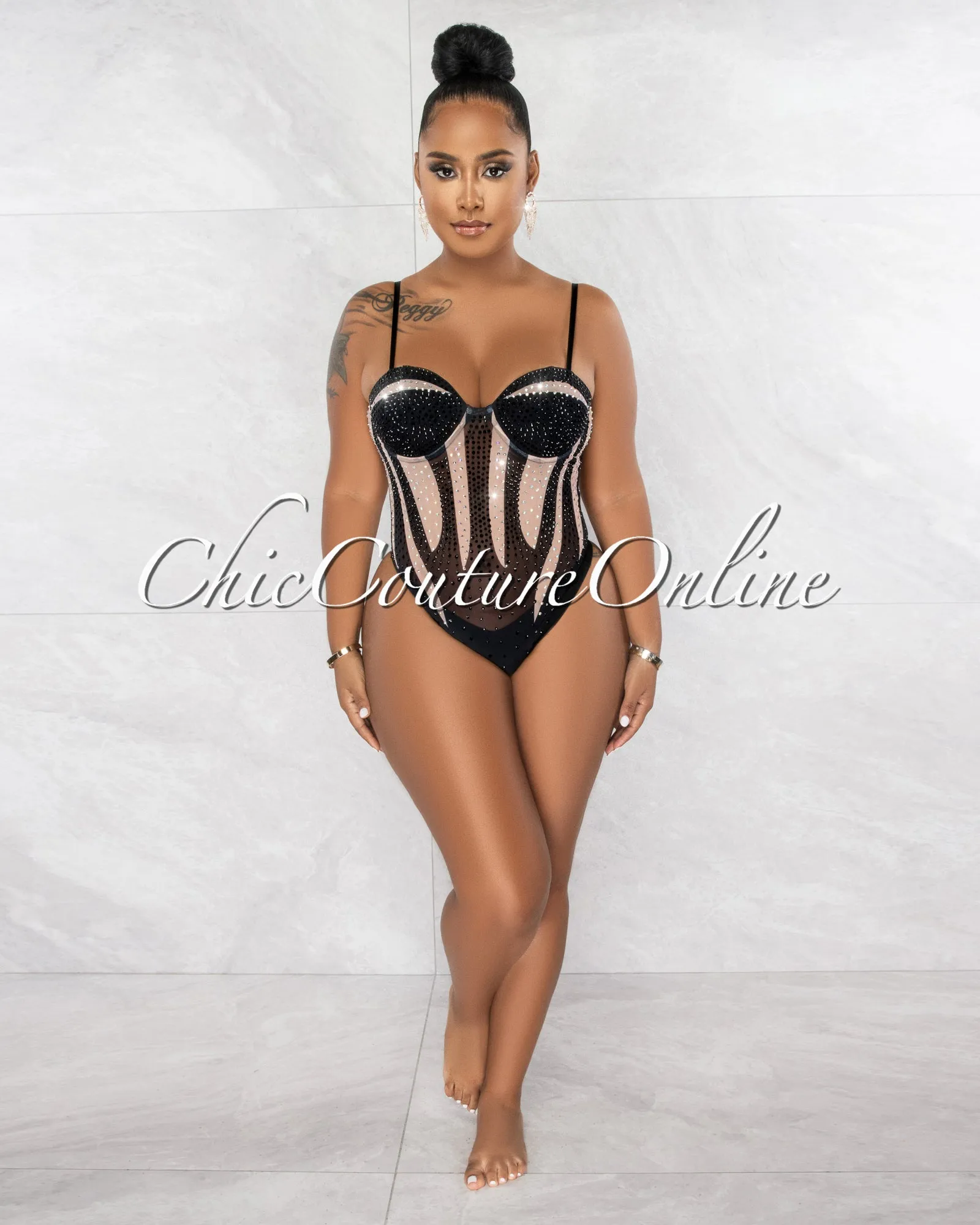*Bosada Black Nude Rhinestones Sheer Bodysuit & Leggings Set sold by Chic Couture product image thumbnail 4