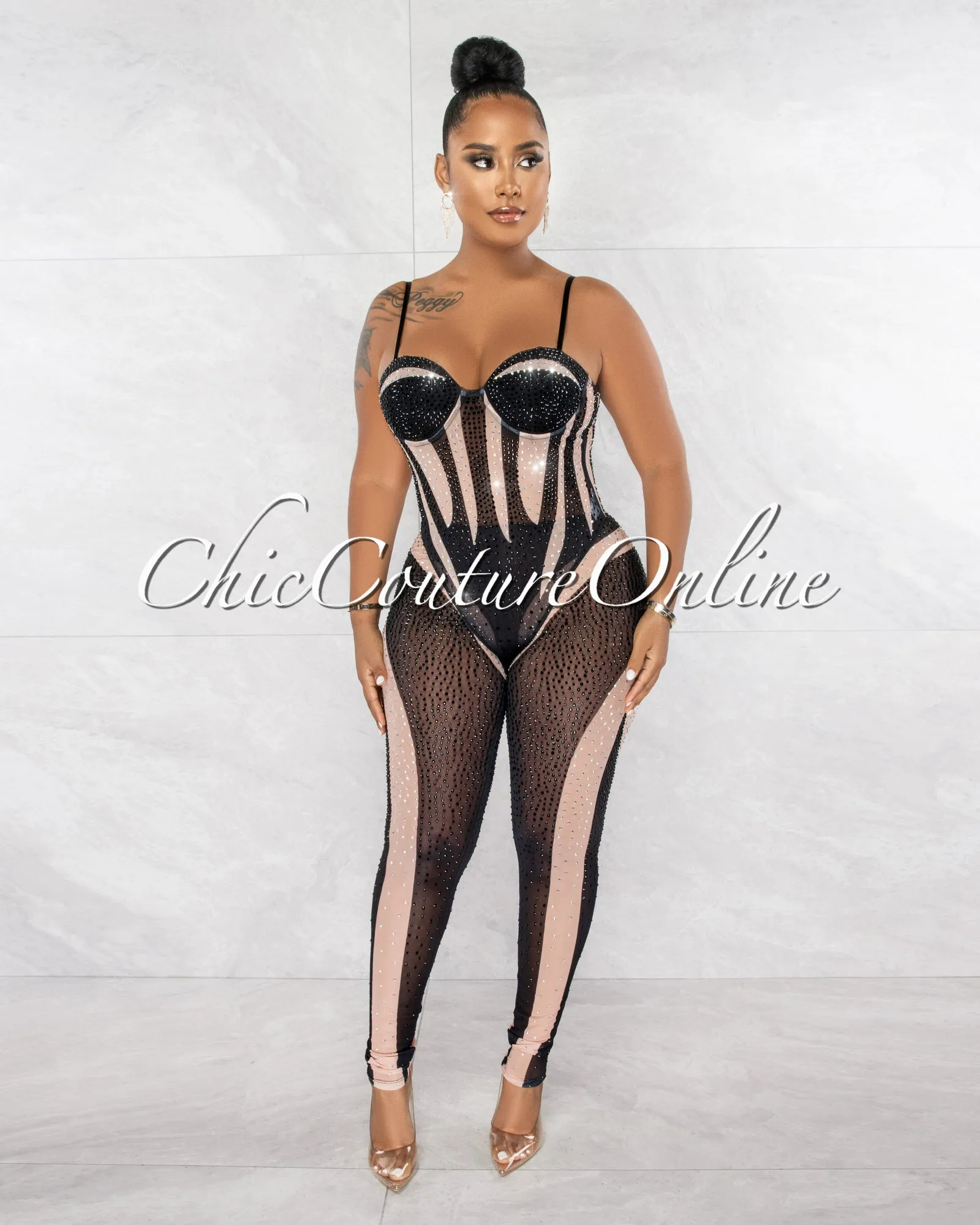 *Bosada Black Nude Rhinestones Sheer Bodysuit & Leggings Set sold by Chic Couture product image thumbnail 2