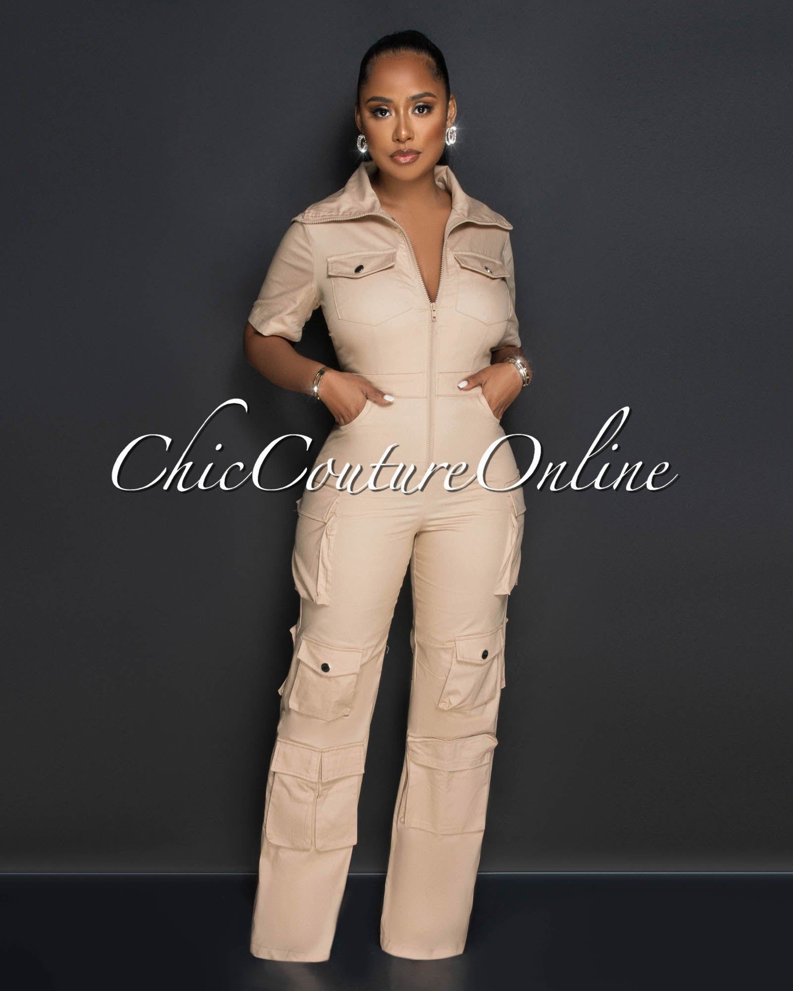 Jamison Taupe Front Zipper Cargo Jumpsuit sold by Chic Couture product image thumbnail 2