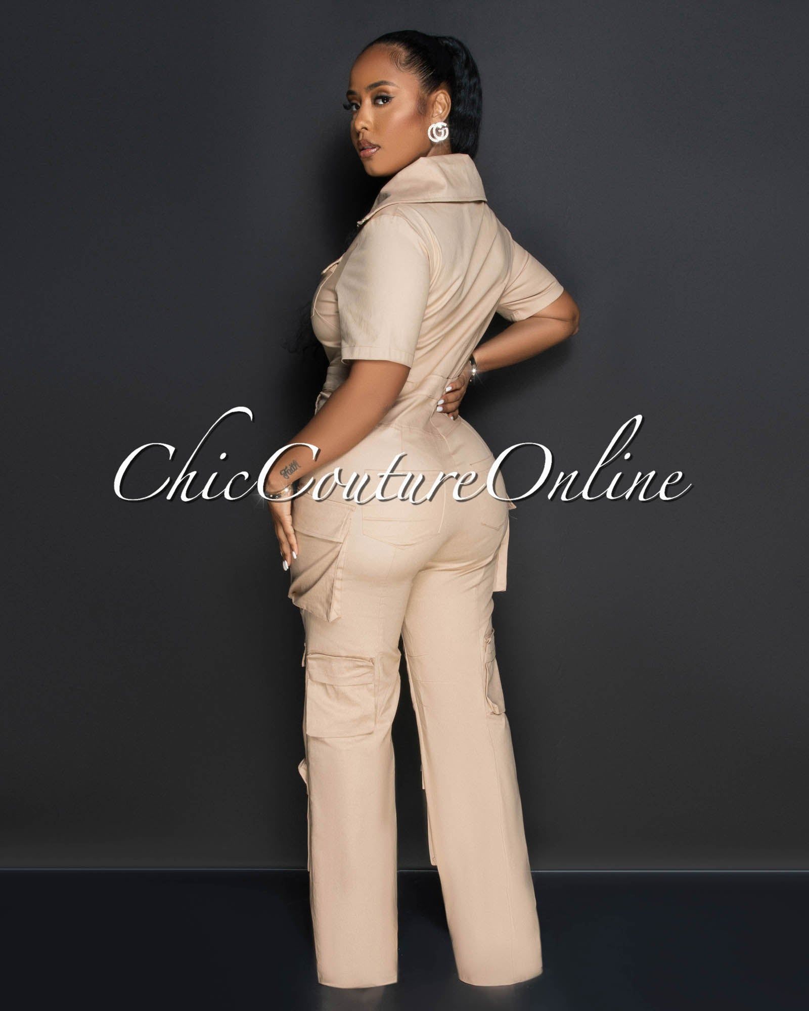 Jamison Taupe Front Zipper Cargo Jumpsuit sold by Chic Couture product image thumbnail 3
