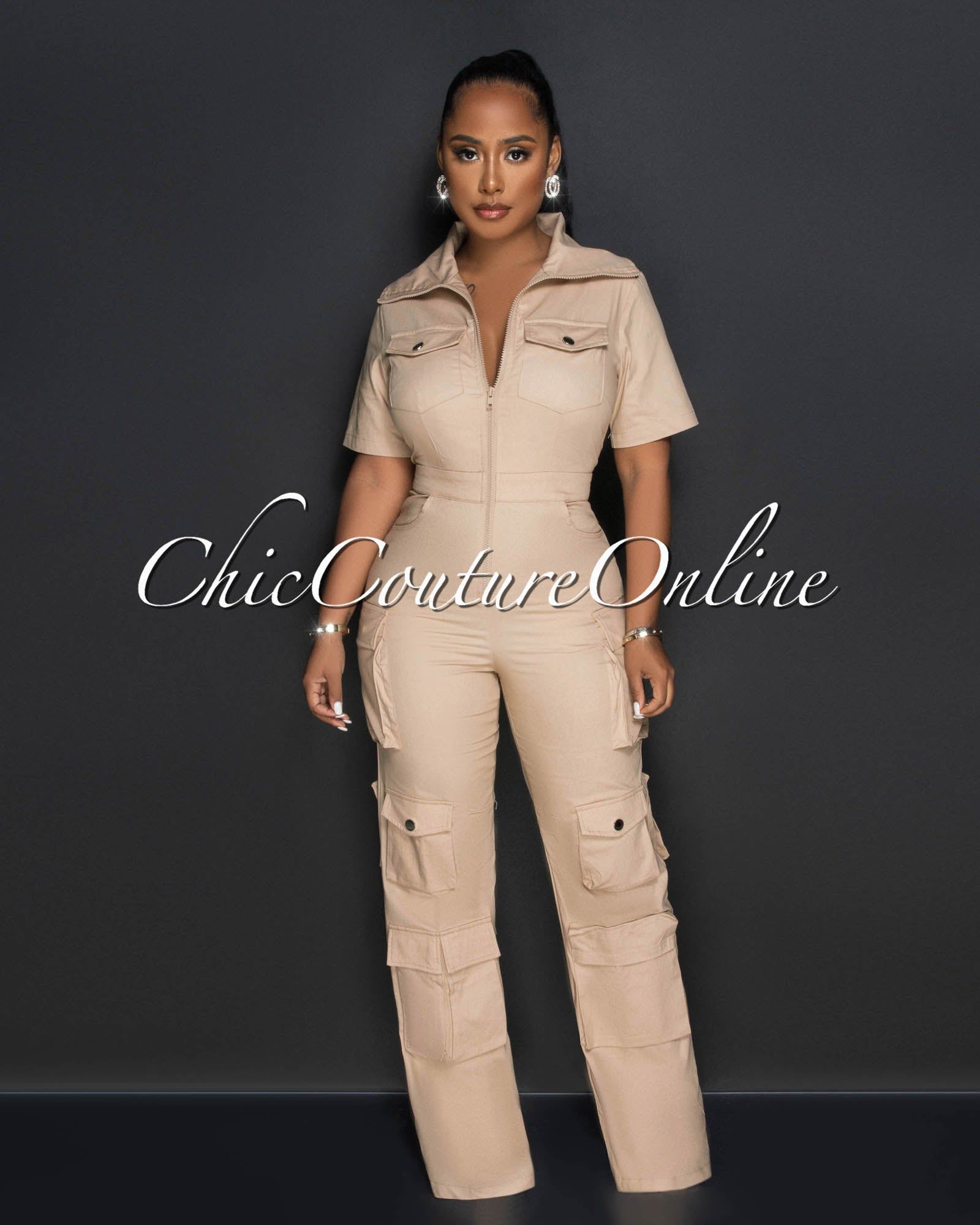 Jamison Taupe Front Zipper Cargo Jumpsuit sold by Chic Couture
