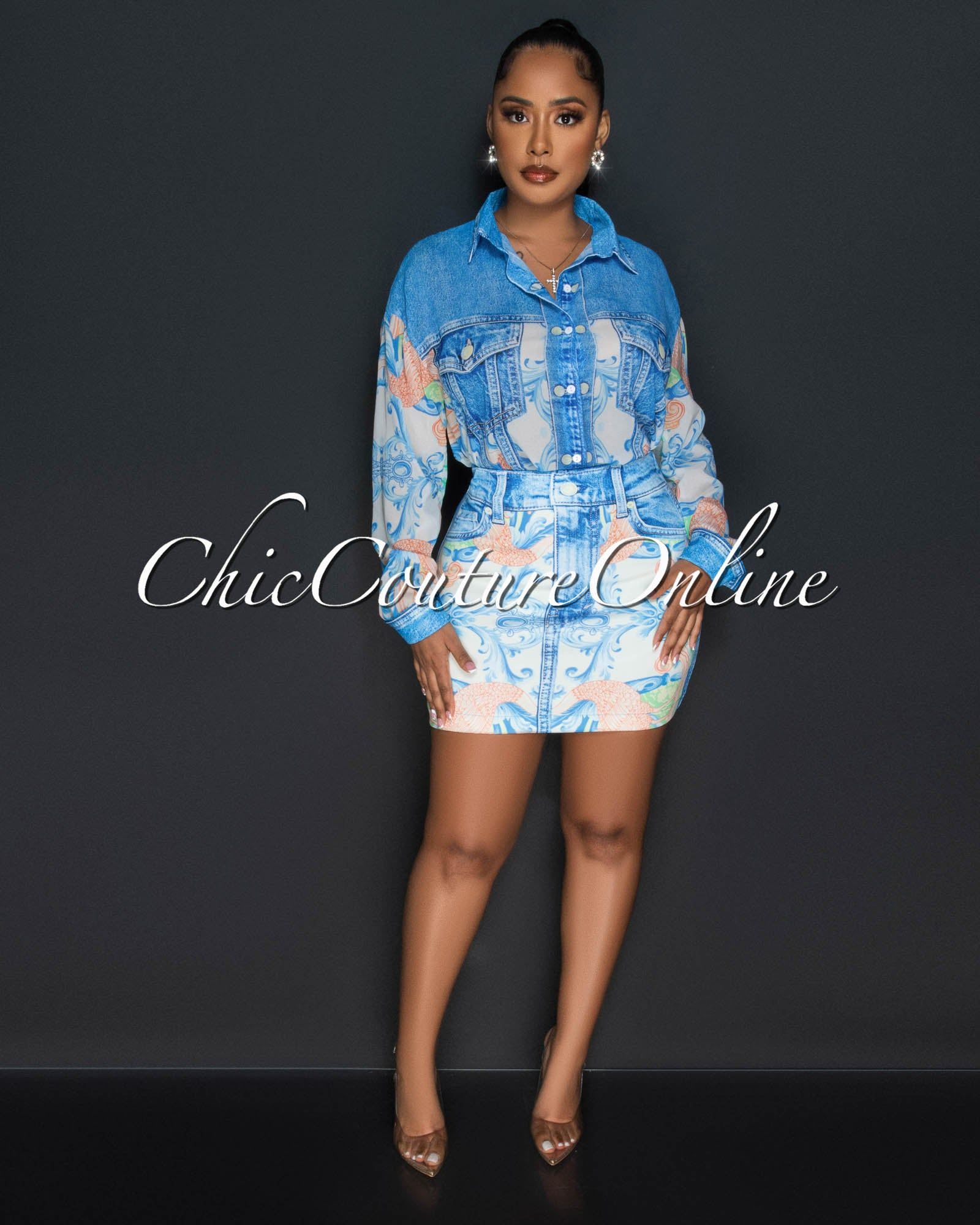 Londa Blue Ivory Print Buttoned Shirt & Skirt Set sold by Chic Couture