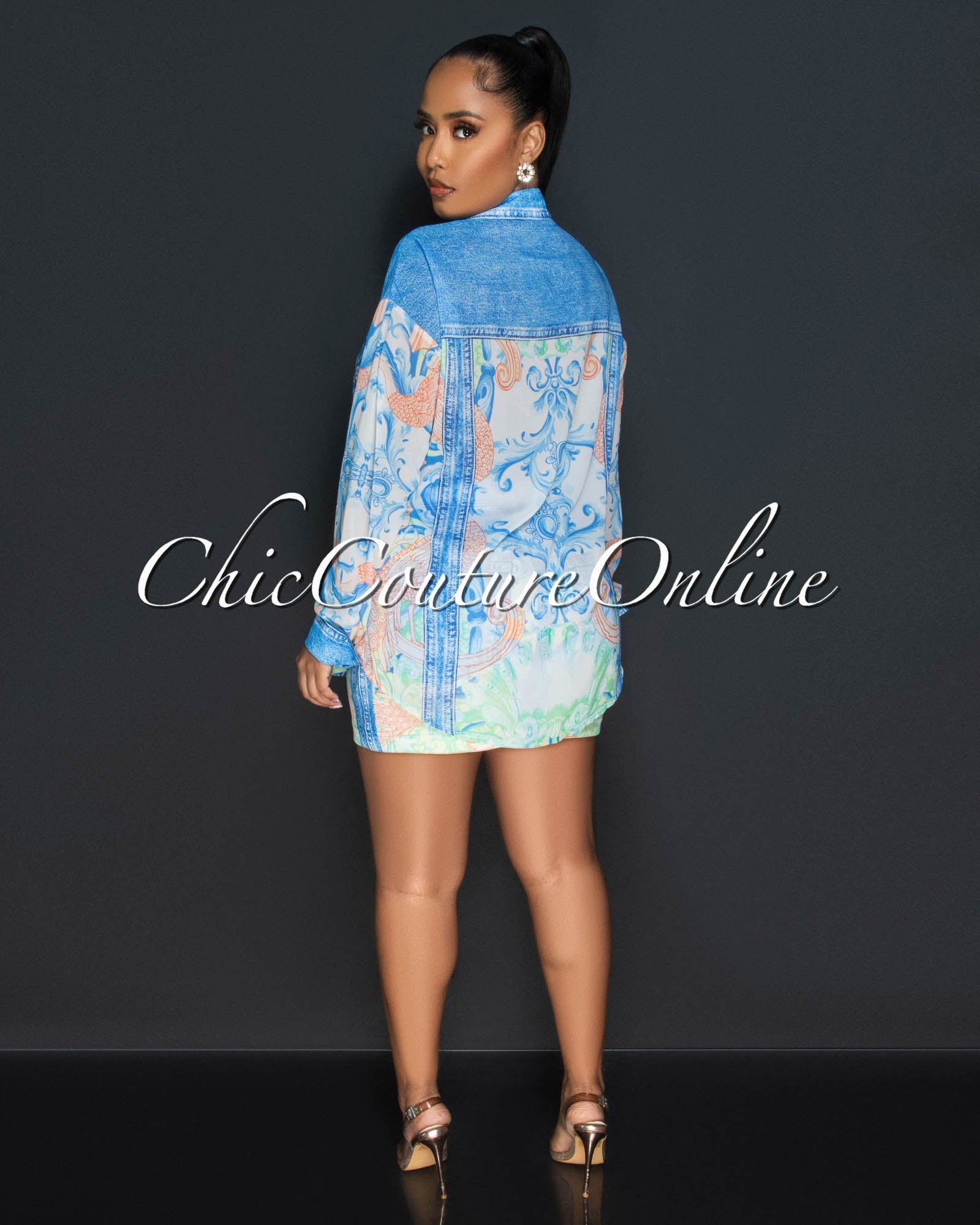 Londa Blue Ivory Print Buttoned Shirt & Skirt Set sold by Chic Couture product image thumbnail 5
