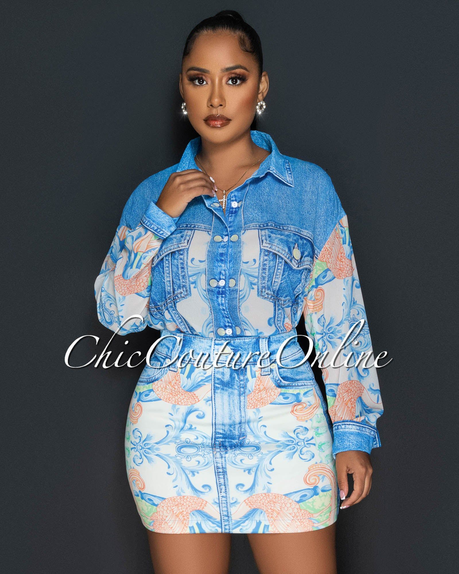 Londa Blue Ivory Print Buttoned Shirt & Skirt Set sold by Chic Couture product image thumbnail 3