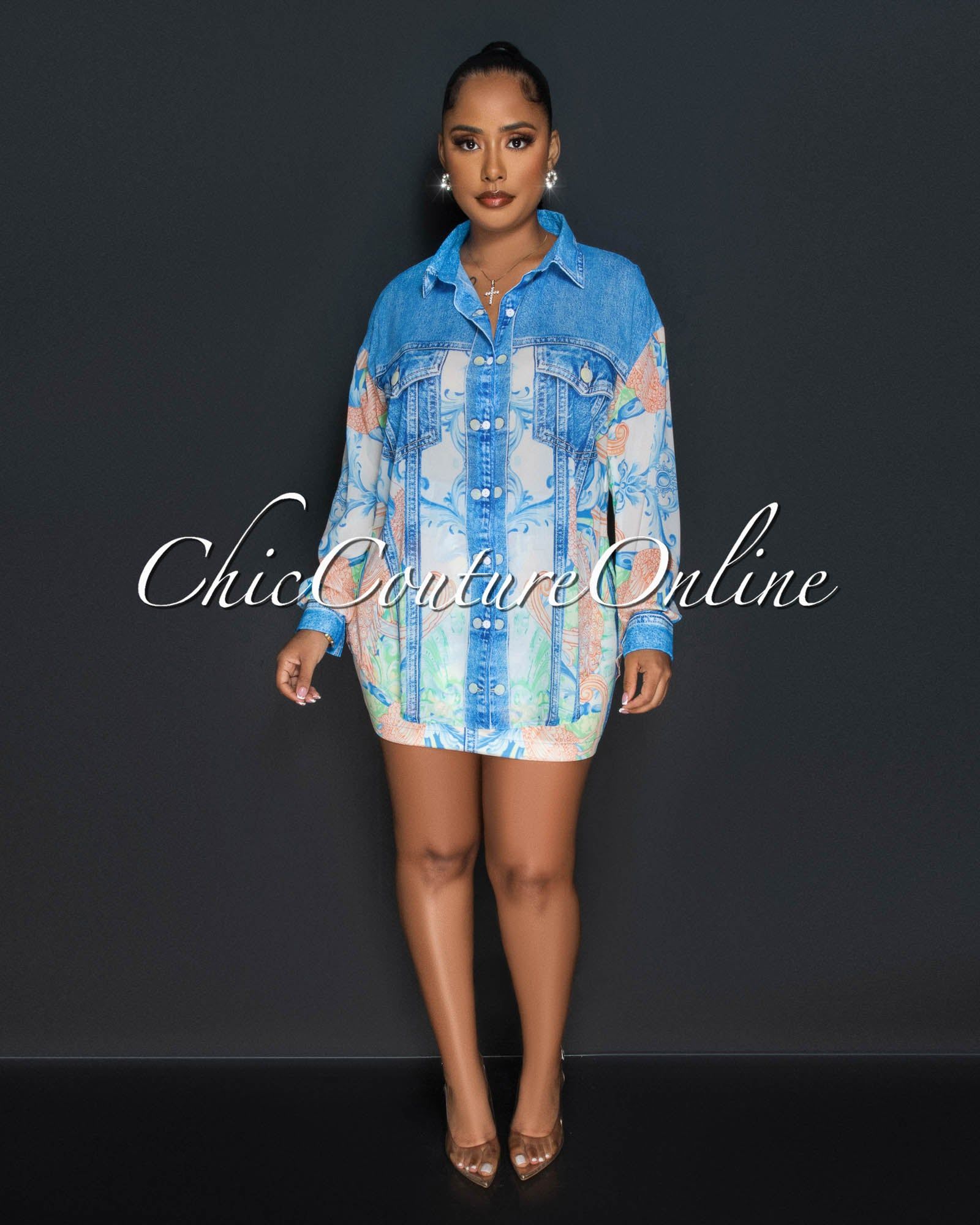 Londa Blue Ivory Print Buttoned Shirt & Skirt Set sold by Chic Couture product image thumbnail 4