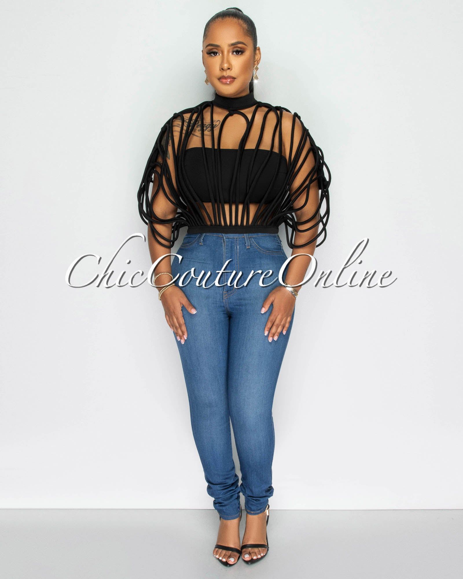 Lanora Black Strappy Crop Ponti Top sold by Chic Couture