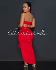 Reeda Red Crop Top & Ruched Slit Skirt Set sold by Chic Couture